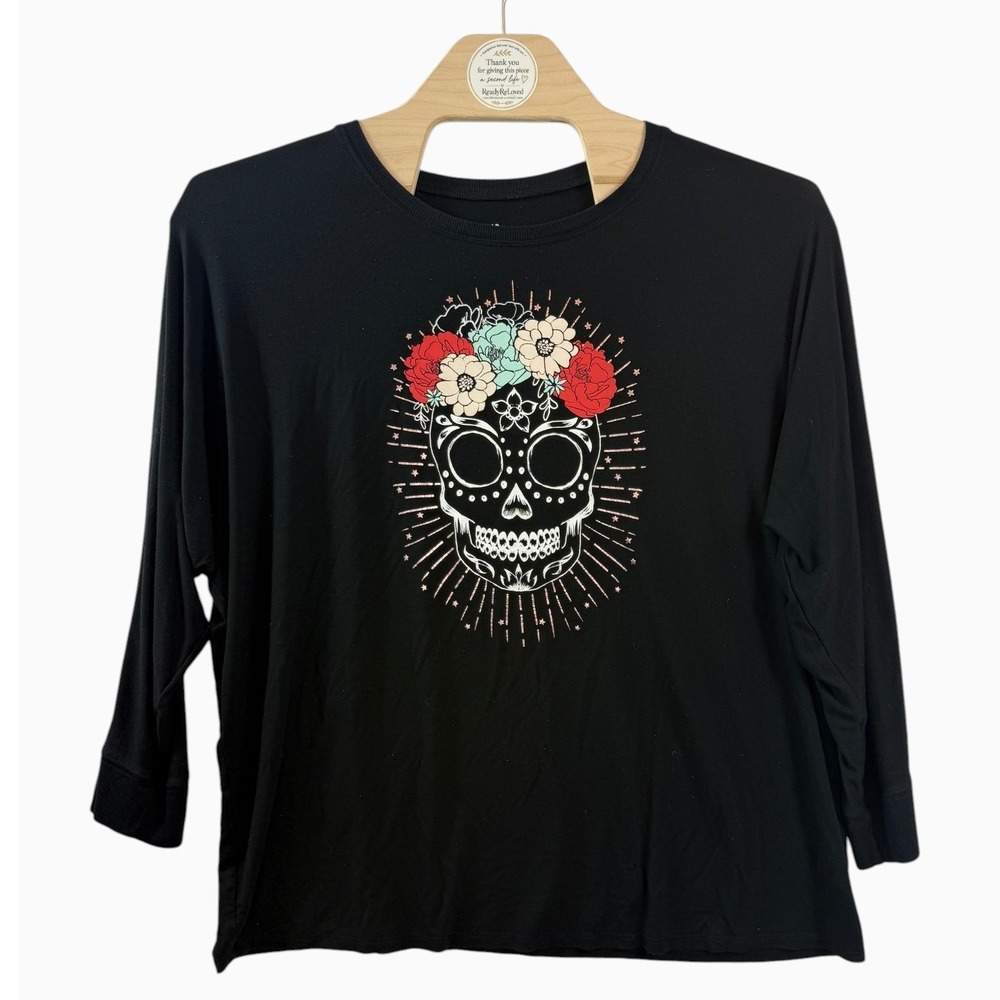 Torrid Super Soft Knits Size 3 3X Black Sugar Skull Floral Long Sleeve Top